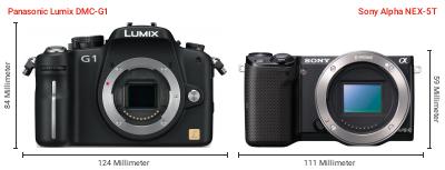 Größenvergleich: Panasonic Lumix DMC-G1 vs. Sony Alpha NEX-5T Größenvergleich: Panasonic Lumix DMC-G1 vs. Sony Alpha NEX-5T