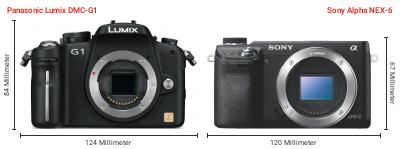 Größenvergleich: Panasonic Lumix DMC-G1 vs. Sony Alpha NEX-6 Größenvergleich: Panasonic Lumix DMC-G1 vs. Sony Alpha NEX-6