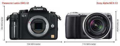Größenvergleich: Panasonic Lumix DMC-G1 vs. Sony Alpha NEX-C3 Größenvergleich: Panasonic Lumix DMC-G1 vs. Sony Alpha NEX-C3