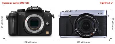 Größenvergleich: Panasonic Lumix DMC-G10 vs. Fujifilm X-E1 Größenvergleich: Panasonic Lumix DMC-G10 vs. Fujifilm X-E1