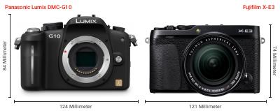 Größenvergleich: Panasonic Lumix DMC-G10 vs. Fujifilm X-E3 Größenvergleich: Panasonic Lumix DMC-G10 vs. Fujifilm X-E3