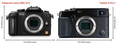 Größenvergleich: Panasonic Lumix DMC-G10 vs. Fujifilm X-Pro1 Größenvergleich: Panasonic Lumix DMC-G10 vs. Fujifilm X-Pro1
