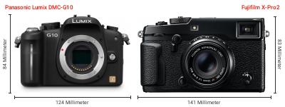 Größenvergleich: Panasonic Lumix DMC-G10 vs. Fujifilm X-Pro2 Größenvergleich: Panasonic Lumix DMC-G10 vs. Fujifilm X-Pro2