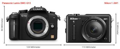 Größenvergleich: Panasonic Lumix DMC-G10 vs. Nikon 1 AW1 Größenvergleich: Panasonic Lumix DMC-G10 vs. Nikon 1 AW1
