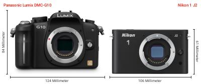 Größenvergleich: Panasonic Lumix DMC-G10 vs. Nikon 1 J2 Größenvergleich: Panasonic Lumix DMC-G10 vs. Nikon 1 J2