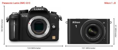 Größenvergleich: Panasonic Lumix DMC-G10 vs. Nikon 1 J3 Größenvergleich: Panasonic Lumix DMC-G10 vs. Nikon 1 J3