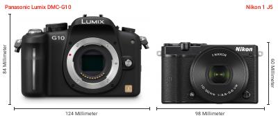 Größenvergleich: Panasonic Lumix DMC-G10 vs. Nikon 1 J5 Größenvergleich: Panasonic Lumix DMC-G10 vs. Nikon 1 J5