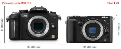 Größenvergleich: Panasonic Lumix DMC-G10 vs. Nikon 1 V3 Größenvergleich: Panasonic Lumix DMC-G10 vs. Nikon 1 V3