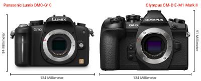 Größenvergleich: Panasonic Lumix DMC-G10 vs. OM System OM-D E-M1 Mark II