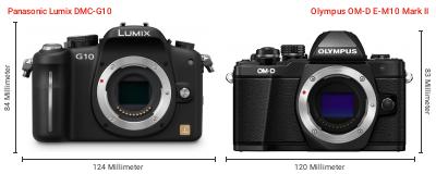 Größenvergleich: Panasonic Lumix DMC-G10 vs. OM System OM-D E-M10 Mark II
