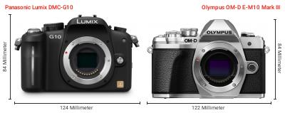 Größenvergleich: Panasonic Lumix DMC-G10 vs. OM System OM-D E-M10 Mark III