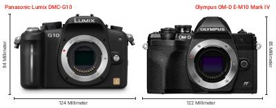 Größenvergleich: Panasonic Lumix DMC-G10 vs. OM System OM-D E-M10 Mark IV