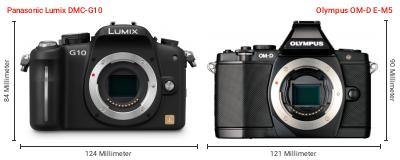 Größenvergleich: Panasonic Lumix DMC-G10 vs. OM System OM-D E-M5 Größenvergleich: Panasonic Lumix DMC-G10 vs. OM System OM-D E-M5