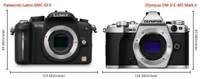 Größenvergleich: Panasonic Lumix DMC-G10 vs. OM System OM-D E-M5 Mark II Größenvergleich: Panasonic Lumix DMC-G10 vs. OM System OM-D E-M5 Mark II