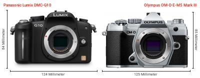 Größenvergleich: Panasonic Lumix DMC-G10 vs. OM System OM-D E-M5 Mark III Größenvergleich: Panasonic Lumix DMC-G10 vs. OM System OM-D E-M5 Mark III