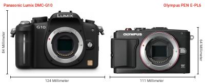 Größenvergleich: Panasonic Lumix DMC-G10 vs. OM System PEN E-PL6 Größenvergleich: Panasonic Lumix DMC-G10 vs. OM System PEN E-PL6