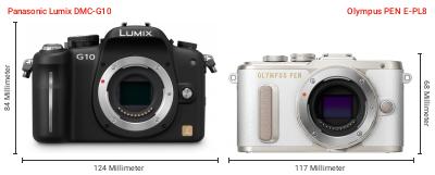 Größenvergleich: Panasonic Lumix DMC-G10 vs. OM System PEN E-PL8 Größenvergleich: Panasonic Lumix DMC-G10 vs. OM System PEN E-PL8
