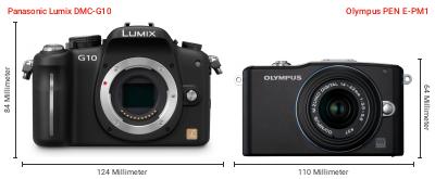 Größenvergleich: Panasonic Lumix DMC-G10 vs. OM System PEN E-PM1 Größenvergleich: Panasonic Lumix DMC-G10 vs. OM System PEN E-PM1