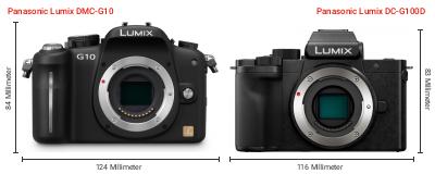 Größenvergleich: Panasonic Lumix DMC-G10 vs. Panasonic Lumix DC-G100D Größenvergleich: Panasonic Lumix DMC-G10 vs. Panasonic Lumix DC-G100D