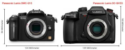 Größenvergleich: Panasonic Lumix DMC-G10 vs. Panasonic Lumix DC-GH5S Größenvergleich: Panasonic Lumix DMC-G10 vs. Panasonic Lumix DC-GH5S