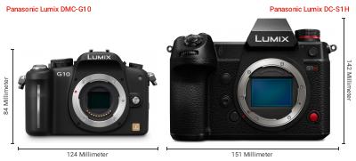 Größenvergleich: Panasonic Lumix DMC-G10 vs. Panasonic Lumix DC-S1H Größenvergleich: Panasonic Lumix DMC-G10 vs. Panasonic Lumix DC-S1H