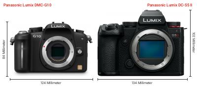 Größenvergleich: Panasonic Lumix DMC-G10 vs. Panasonic Lumix DC-S5 II Größenvergleich: Panasonic Lumix DMC-G10 vs. Panasonic Lumix DC-S5 II