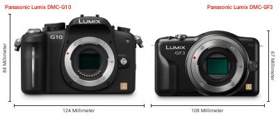Größenvergleich: Panasonic Lumix DMC-G10 vs. Panasonic Lumix DMC-GF3 Größenvergleich: Panasonic Lumix DMC-G10 vs. Panasonic Lumix DMC-GF3