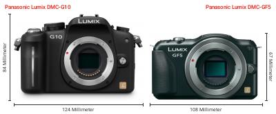 Größenvergleich: Panasonic Lumix DMC-G10 vs. Panasonic Lumix DMC-GF5 Größenvergleich: Panasonic Lumix DMC-G10 vs. Panasonic Lumix DMC-GF5