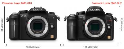 Größenvergleich: Panasonic Lumix DMC-G10 vs. Panasonic Lumix DMC-GH2 Größenvergleich: Panasonic Lumix DMC-G10 vs. Panasonic Lumix DMC-GH2