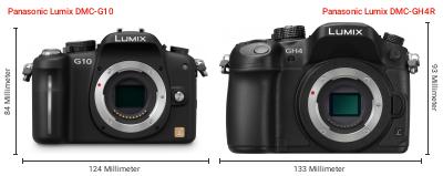 Größenvergleich: Panasonic Lumix DMC-G10 vs. Panasonic Lumix DMC-GH4R Größenvergleich: Panasonic Lumix DMC-G10 vs. Panasonic Lumix DMC-GH4R