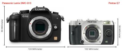 Größenvergleich: Panasonic Lumix DMC-G10 vs. Pentax Q7 Größenvergleich: Panasonic Lumix DMC-G10 vs. Pentax Q7