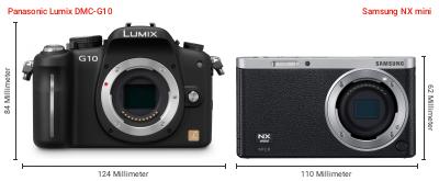 Größenvergleich: Panasonic Lumix DMC-G10 vs. Samsung NX mini Größenvergleich: Panasonic Lumix DMC-G10 vs. Samsung NX mini