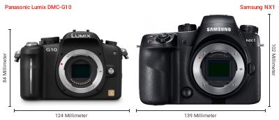 Größenvergleich: Panasonic Lumix DMC-G10 vs. Samsung NX1 Größenvergleich: Panasonic Lumix DMC-G10 vs. Samsung NX1