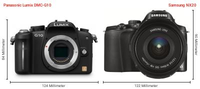 Größenvergleich: Panasonic Lumix DMC-G10 vs. Samsung NX20 Größenvergleich: Panasonic Lumix DMC-G10 vs. Samsung NX20