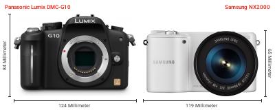 Größenvergleich: Panasonic Lumix DMC-G10 vs. Samsung NX2000 Größenvergleich: Panasonic Lumix DMC-G10 vs. Samsung NX2000