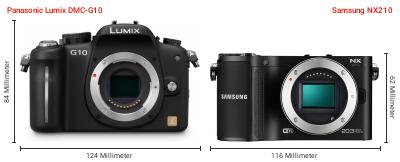 Größenvergleich: Panasonic Lumix DMC-G10 vs. Samsung NX210 Größenvergleich: Panasonic Lumix DMC-G10 vs. Samsung NX210