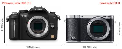 Größenvergleich: Panasonic Lumix DMC-G10 vs. Samsung NX3000 Größenvergleich: Panasonic Lumix DMC-G10 vs. Samsung NX3000