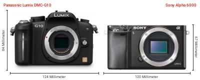 Größenvergleich: Panasonic Lumix DMC-G10 vs. Sony Alpha 6000 Größenvergleich: Panasonic Lumix DMC-G10 vs. Sony Alpha 6000