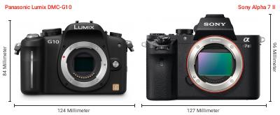 Größenvergleich: Panasonic Lumix DMC-G10 vs. Sony Alpha 7 II