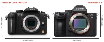 Größenvergleich: Panasonic Lumix DMC-G10 vs. Sony Alpha 7 III Größenvergleich: Panasonic Lumix DMC-G10 vs. Sony Alpha 7 III