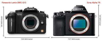 Größenvergleich: Panasonic Lumix DMC-G10 vs. Sony Alpha 7R Größenvergleich: Panasonic Lumix DMC-G10 vs. Sony Alpha 7R
