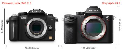 Größenvergleich: Panasonic Lumix DMC-G10 vs. Sony Alpha 7R II Größenvergleich: Panasonic Lumix DMC-G10 vs. Sony Alpha 7R II