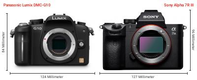 Größenvergleich: Panasonic Lumix DMC-G10 vs. Sony Alpha 7R III Größenvergleich: Panasonic Lumix DMC-G10 vs. Sony Alpha 7R III