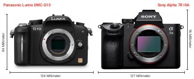 Größenvergleich: Panasonic Lumix DMC-G10 vs. Sony Alpha 7R IIIA Größenvergleich: Panasonic Lumix DMC-G10 vs. Sony Alpha 7R IIIA