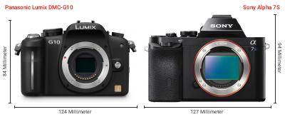 Größenvergleich: Panasonic Lumix DMC-G10 vs. Sony Alpha 7S Größenvergleich: Panasonic Lumix DMC-G10 vs. Sony Alpha 7S
