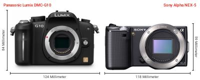 Größenvergleich: Panasonic Lumix DMC-G10 vs. Sony Alpha NEX-5 Größenvergleich: Panasonic Lumix DMC-G10 vs. Sony Alpha NEX-5