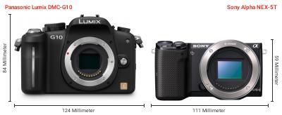Größenvergleich: Panasonic Lumix DMC-G10 vs. Sony Alpha NEX-5T Größenvergleich: Panasonic Lumix DMC-G10 vs. Sony Alpha NEX-5T