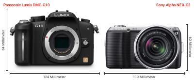 Größenvergleich: Panasonic Lumix DMC-G10 vs. Sony Alpha NEX-C3 Größenvergleich: Panasonic Lumix DMC-G10 vs. Sony Alpha NEX-C3