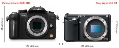 Größenvergleich: Panasonic Lumix DMC-G10 vs. Sony Alpha NEX-F3 Größenvergleich: Panasonic Lumix DMC-G10 vs. Sony Alpha NEX-F3