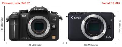 Größenvergleich: Panasonic Lumix DMC-G2 vs. Canon EOS M10 Größenvergleich: Panasonic Lumix DMC-G2 vs. Canon EOS M10
